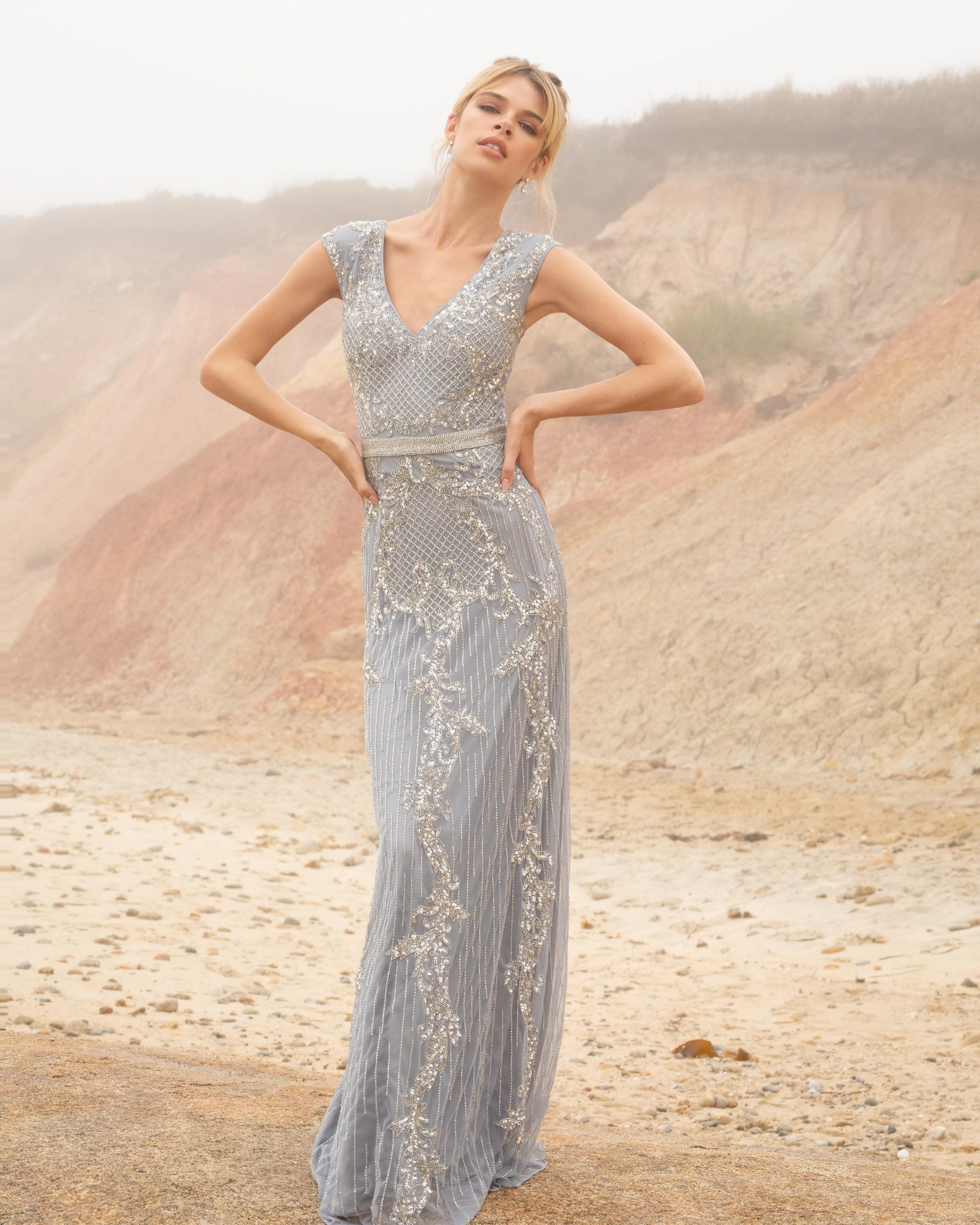 V-Neck Floor-Length Beaded Mesh Formal Sheath Gown Primavera Couture PC3581
