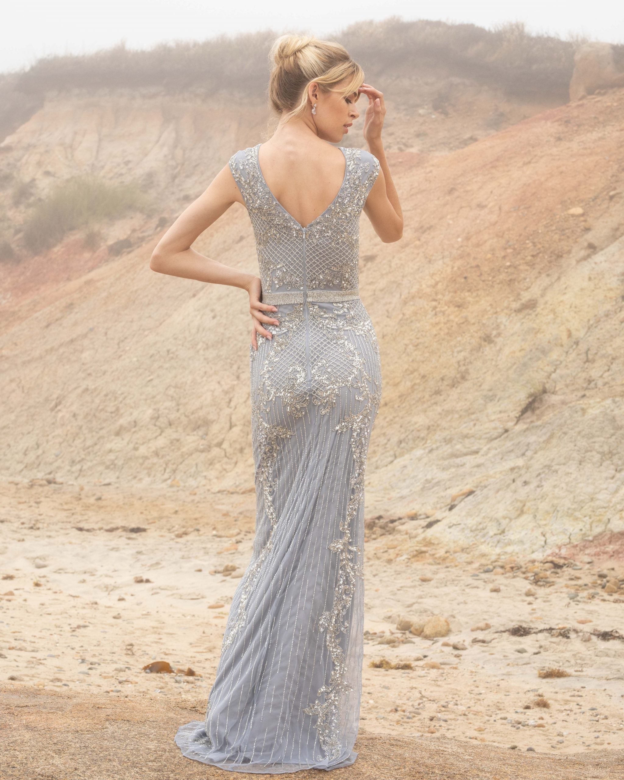V-Neck Floor-Length Beaded Mesh Formal Sheath Gown Primavera Couture PC3581