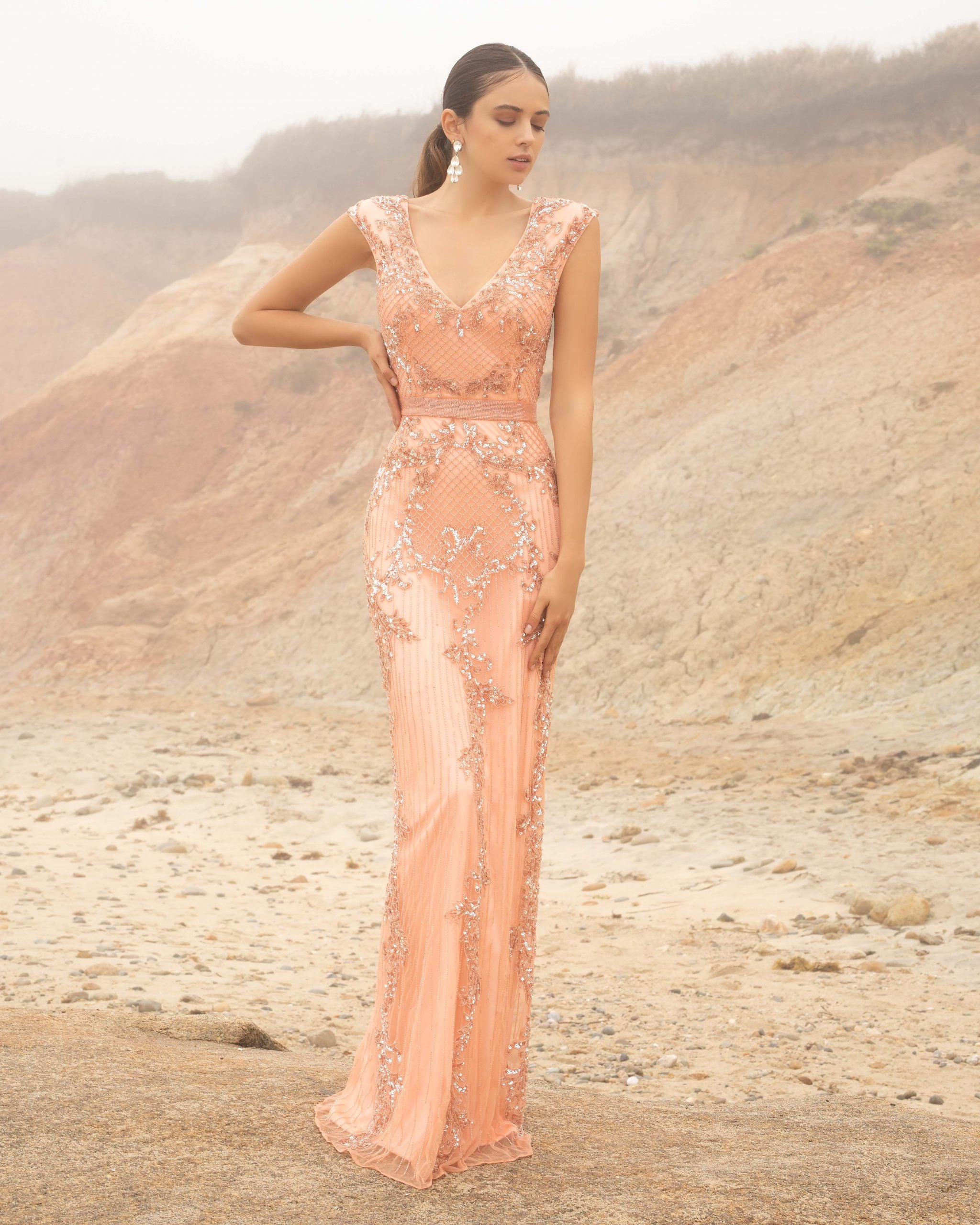 V-Neck Floor-Length Beaded Mesh Formal Sheath Gown Primavera Couture PC3581