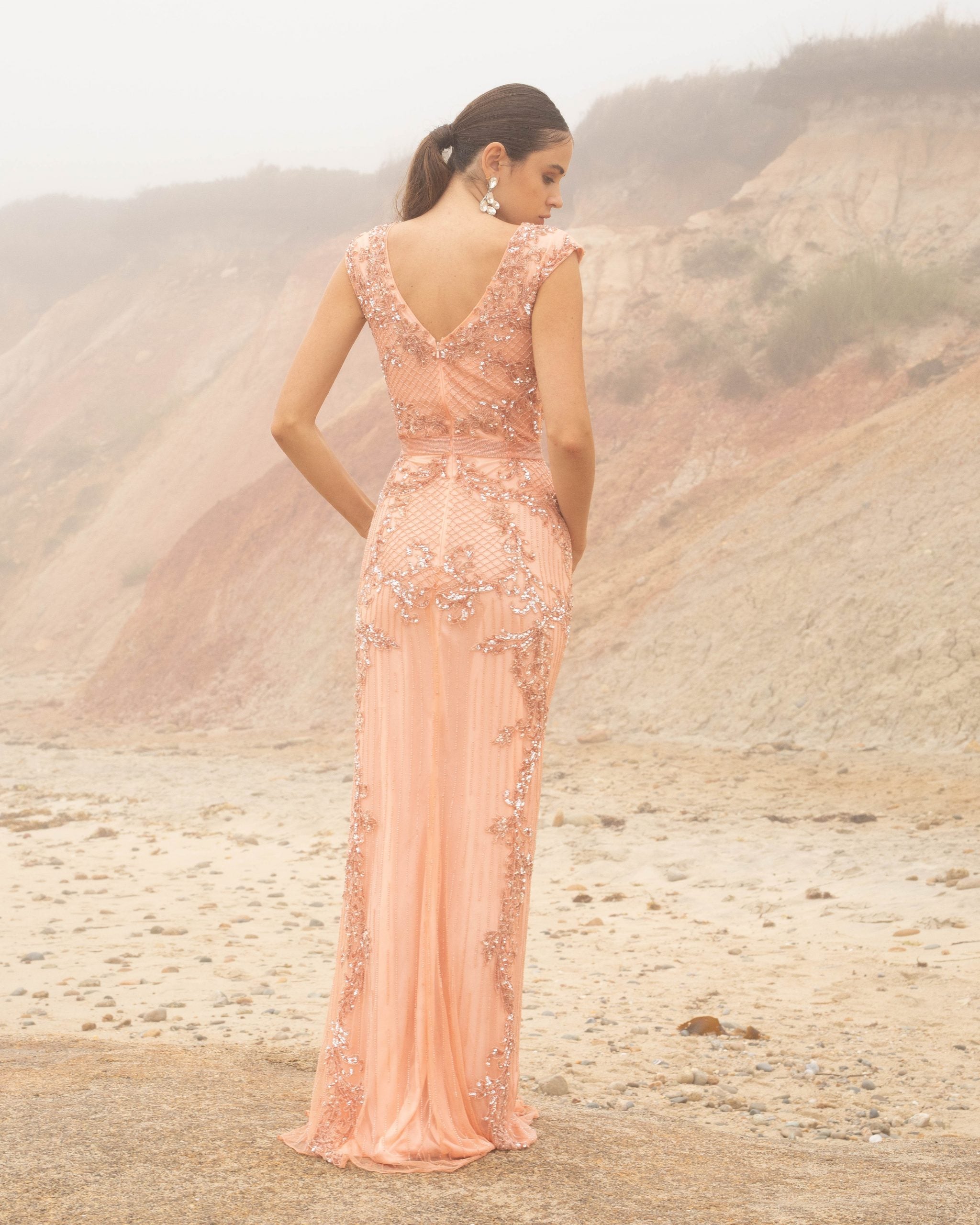 V-Neck Floor-Length Beaded Mesh Formal Sheath Gown Primavera Couture PC3581