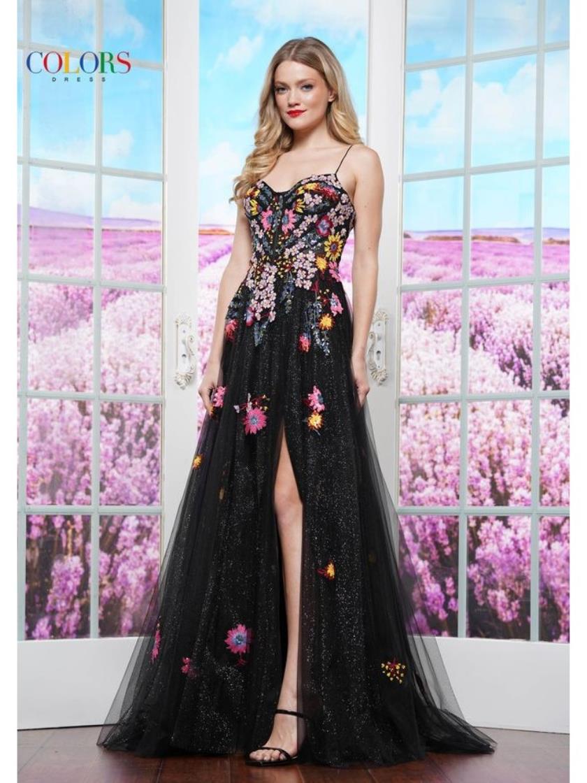 Colors 3582 Formal Floral Applique Long Prom Dress