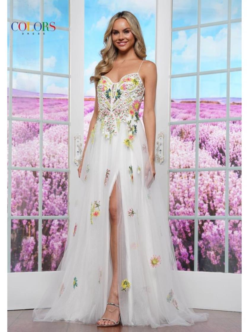 Colors 3582 Formal Floral Applique Long Prom Dress
