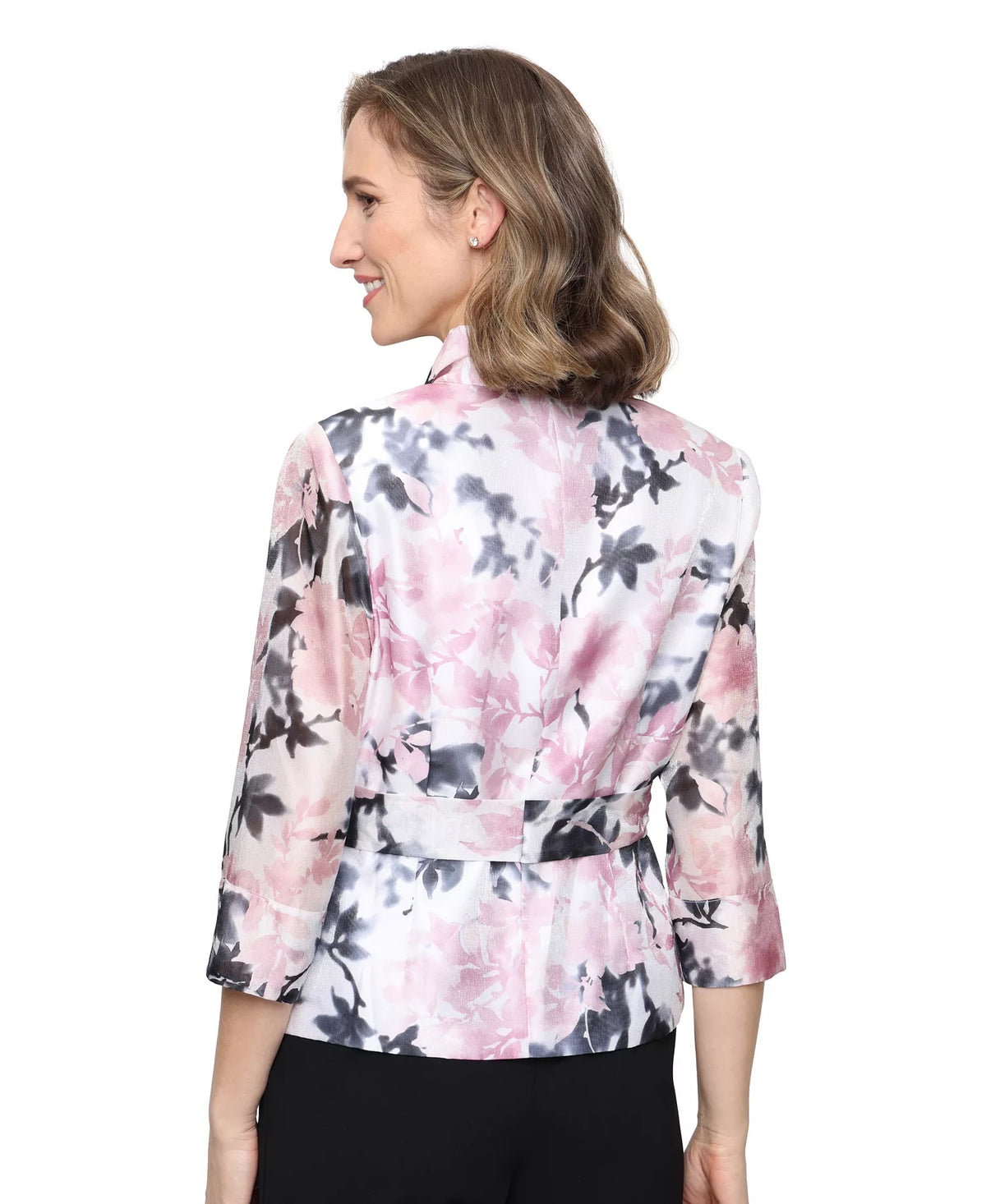 3/4 Sleeve Printed Yoryu Blouse with Collar, Button Front Detail, Cuffs and Tie W Alex Evenings 8292030