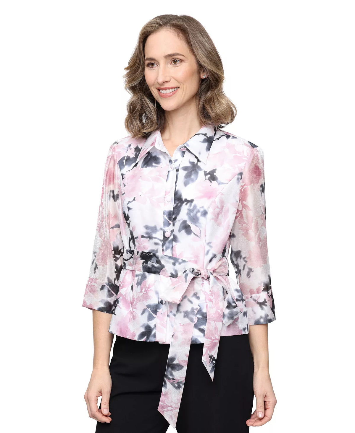 3/4 Sleeve Printed Yoryu Blouse with Collar, Button Front Detail, Cuffs and Tie W Alex Evenings 8292030