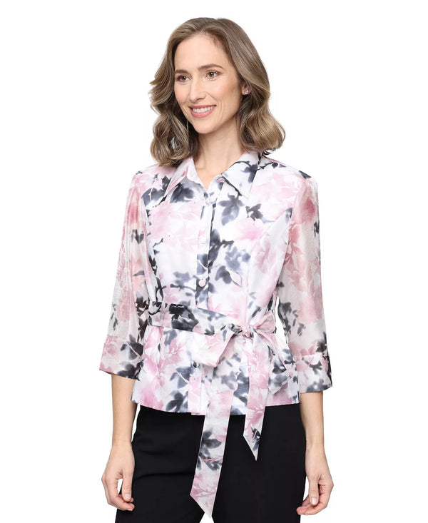 3/4 Sleeve Printed Yoryu Blouse with Collar, Button Front Detail, Cuffs and Tie W Alex Evenings 8292030