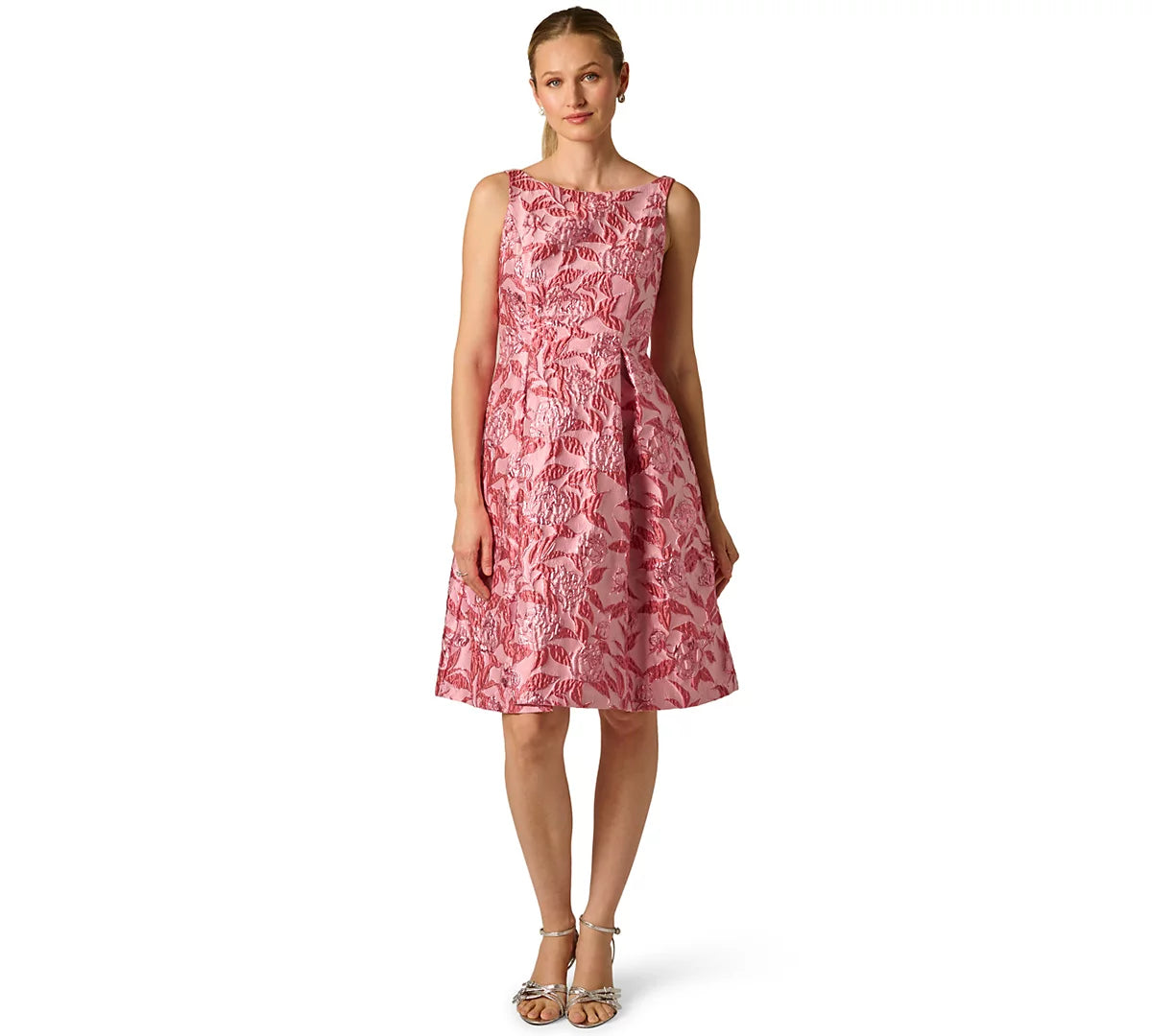Pink Multi Adrianna Papell AP1E213255 Bateau Knee-Length Jacquard Cocktail Dress Metallic