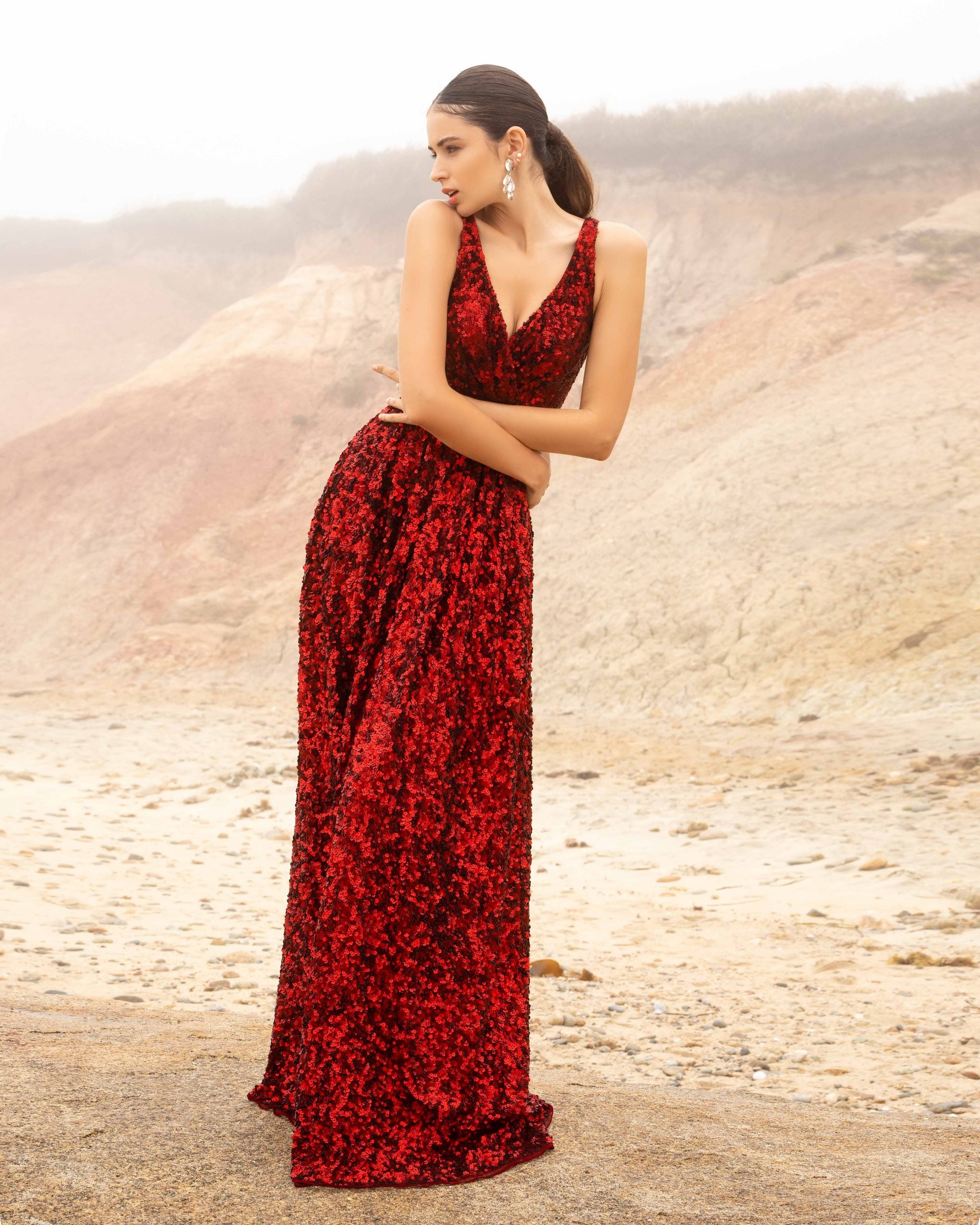 V-Neck Floor-Length Sequin Formal A-Line Gown - Primavera Couture PC3587