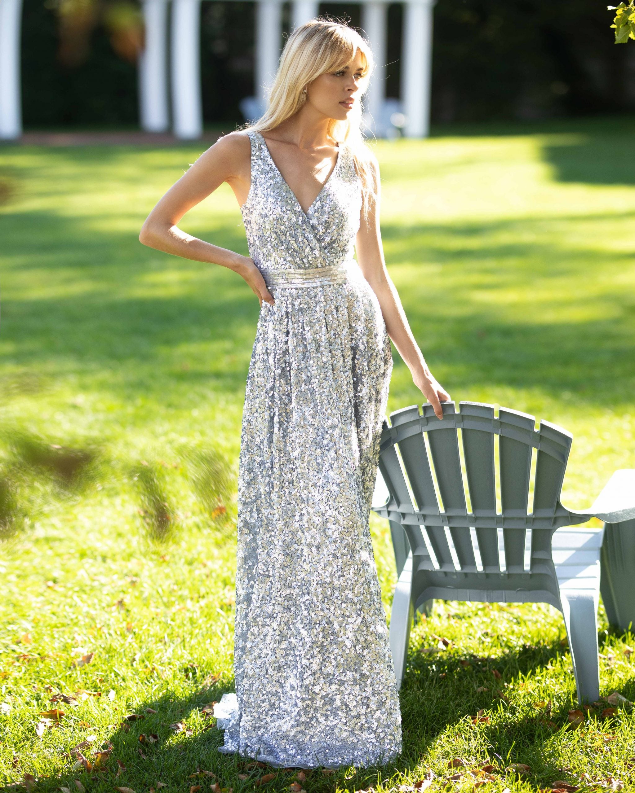 V-Neck Floor-Length Sequin Formal A-Line Gown - Primavera Couture PC3587