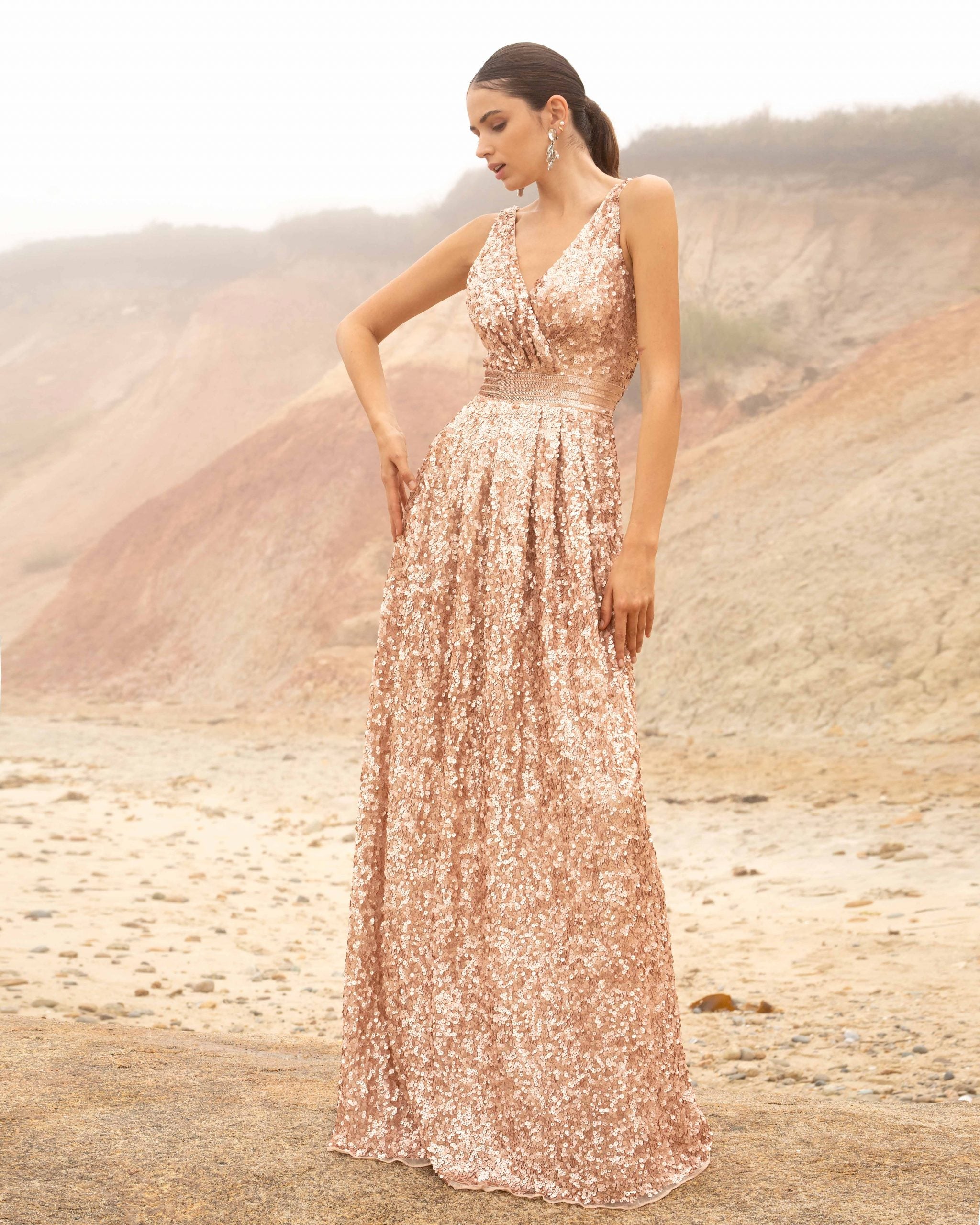 V-Neck Floor-Length Sequin Formal A-Line Gown - Primavera Couture PC3587