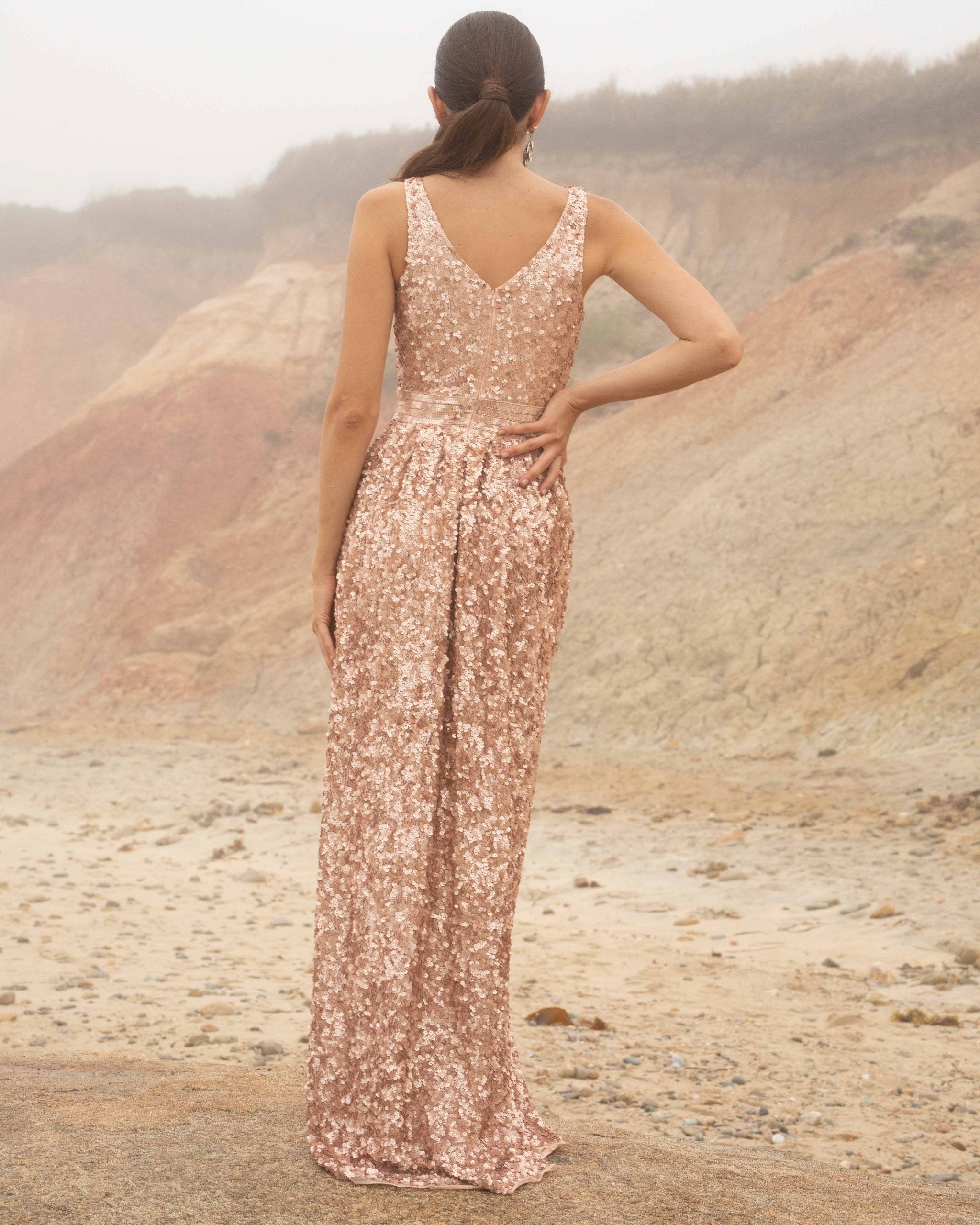 V-Neck Floor-Length Sequin Formal A-Line Gown - Primavera Couture PC3587