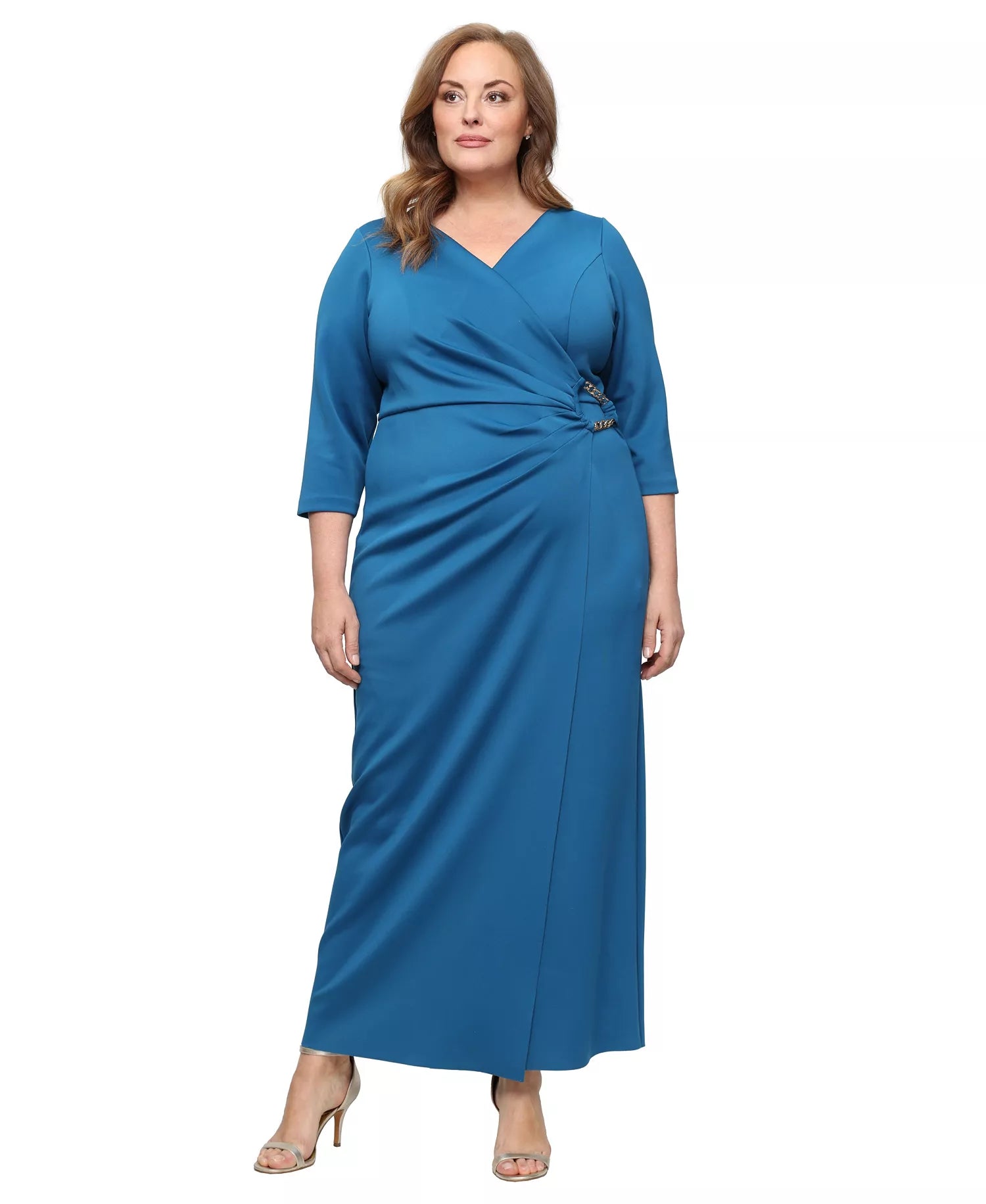 Long Stretch Scuba Crepe Dress with Surplice Neckline, Hardware Detail a Alex Evenings 8460611