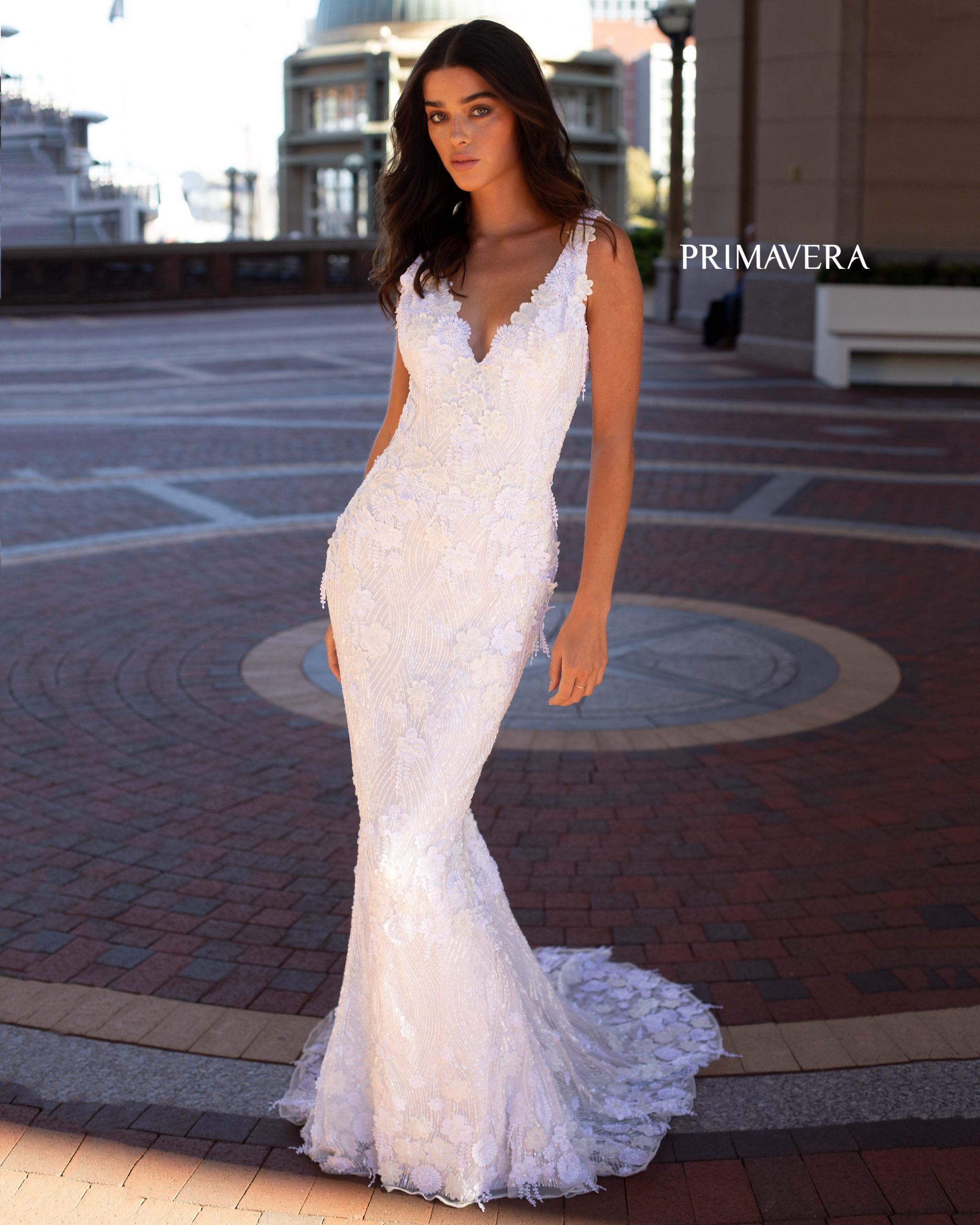 V-Neck Floor-Length Sequin Bridal Mermaid Gown Primavera Couture PC3594