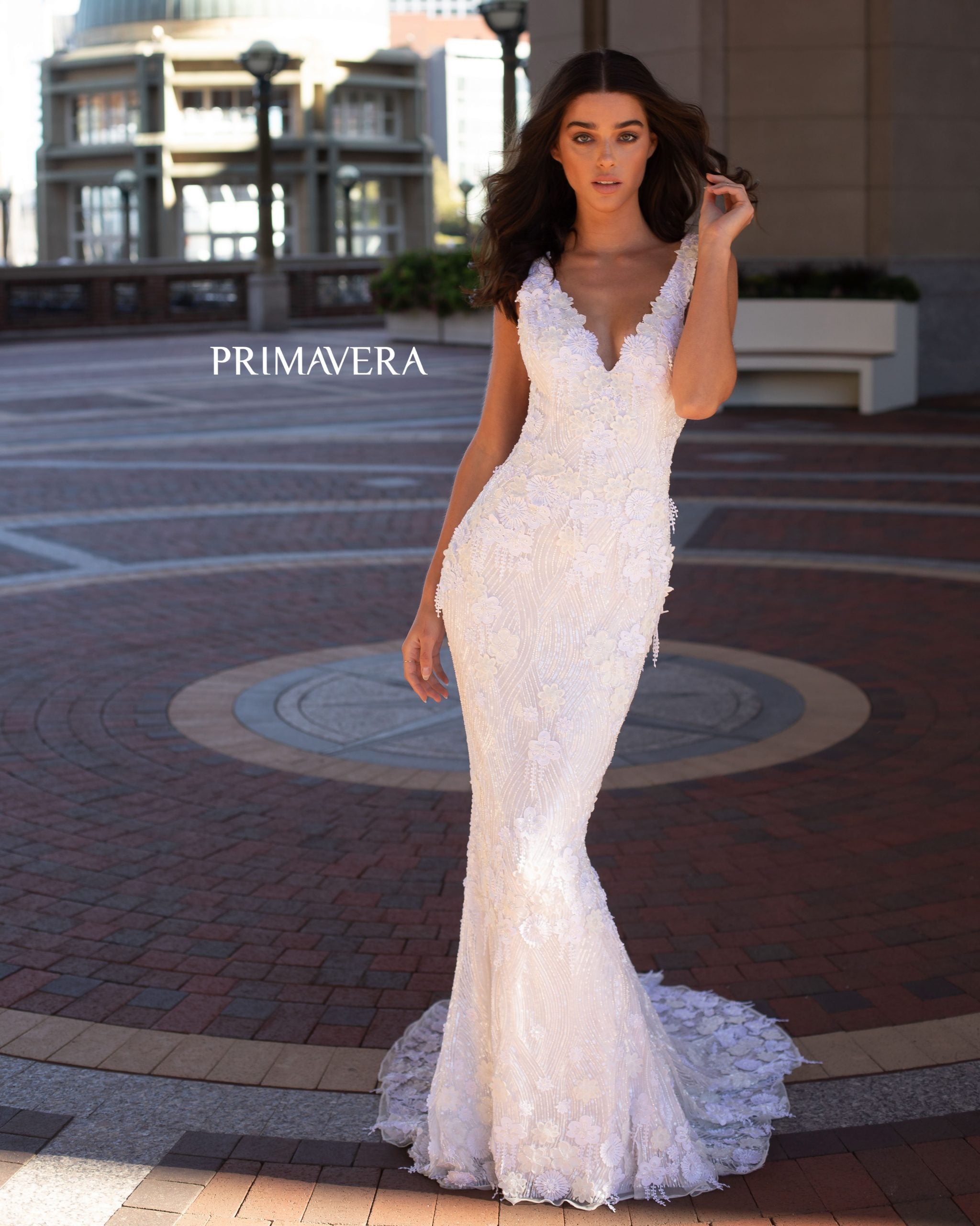V-Neck Floor-Length Sequin Bridal Mermaid Gown Primavera Couture PC3594