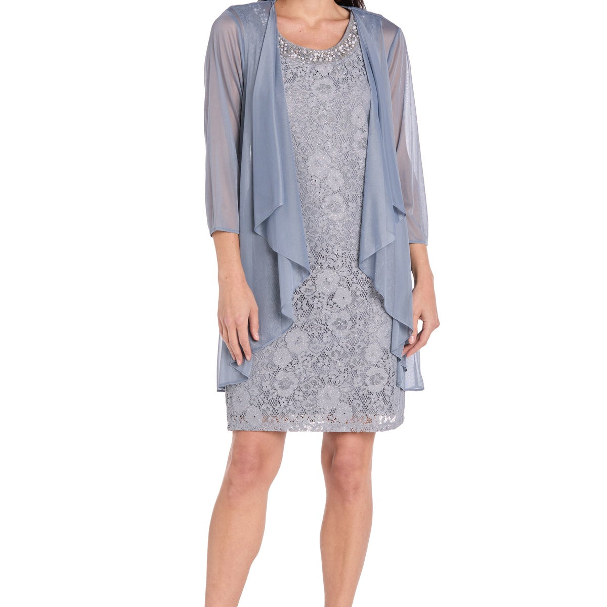 Floral Lace Dress with Sheer Chiffon Jacket & Pearl Neckline Slate / 18