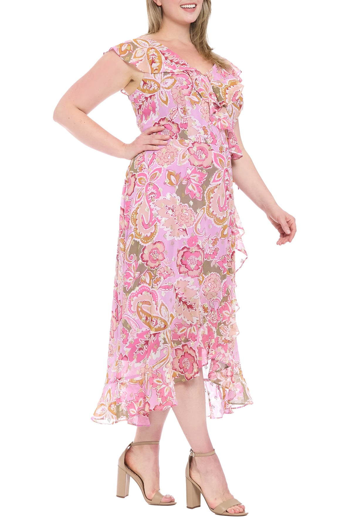 Metallic Flower Print Hi Lo Maxi Dress London Times T7922M