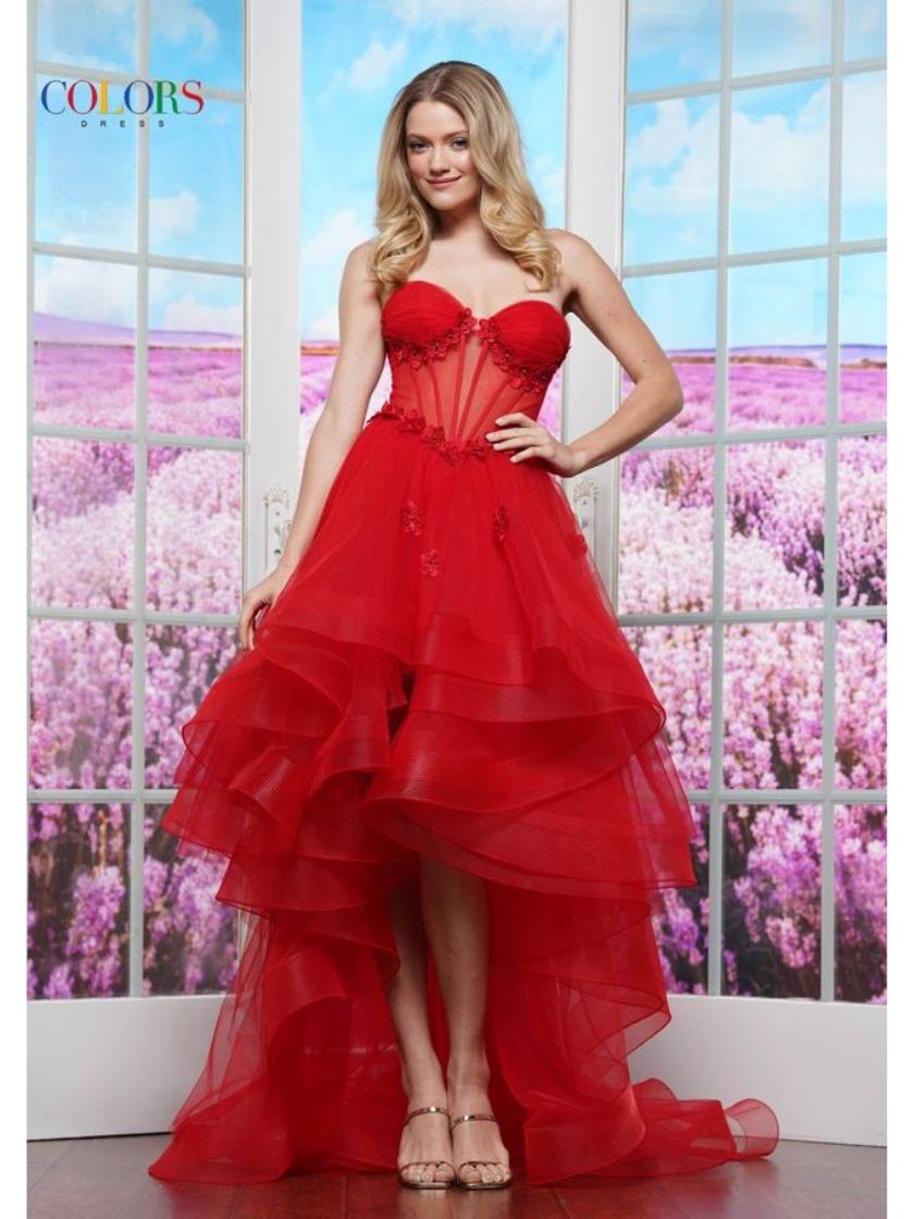 Colors 3600 High Low Floral Applique Formal Prom Dress