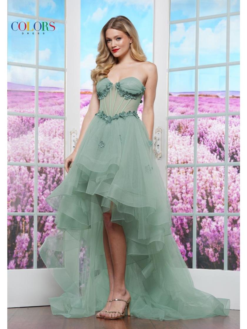 Colors 3600 High Low Floral Applique Formal Prom Dress