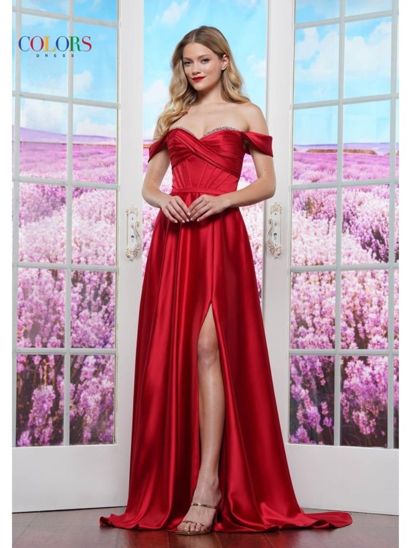 Colors 3606 Long Formal Slit Prom A Line Dress