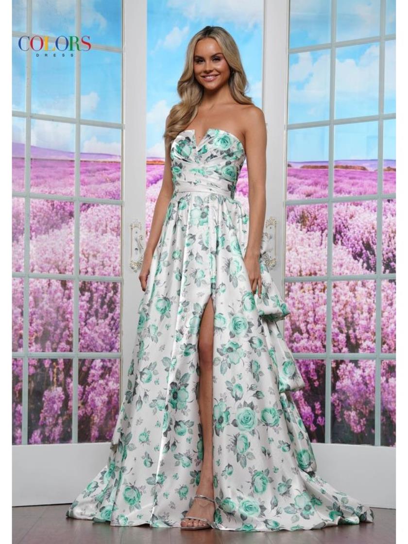 Colors 3608 Long Floral Print A Line Formal Prom Dress