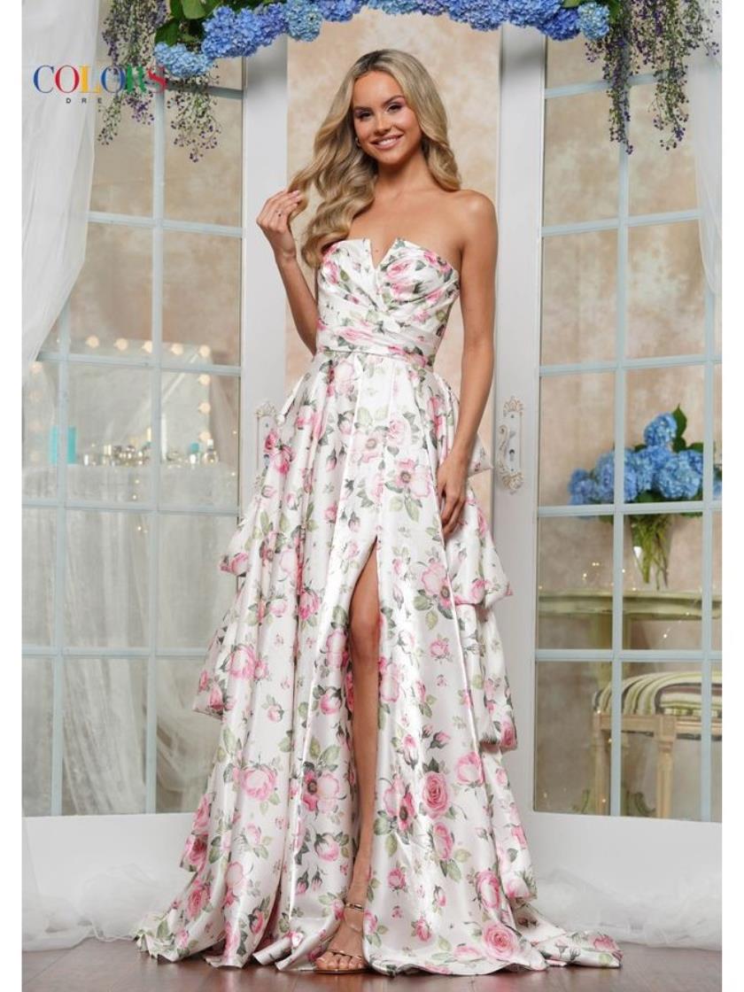 Colors 3608 Long Floral Print A Line Formal Prom Dress