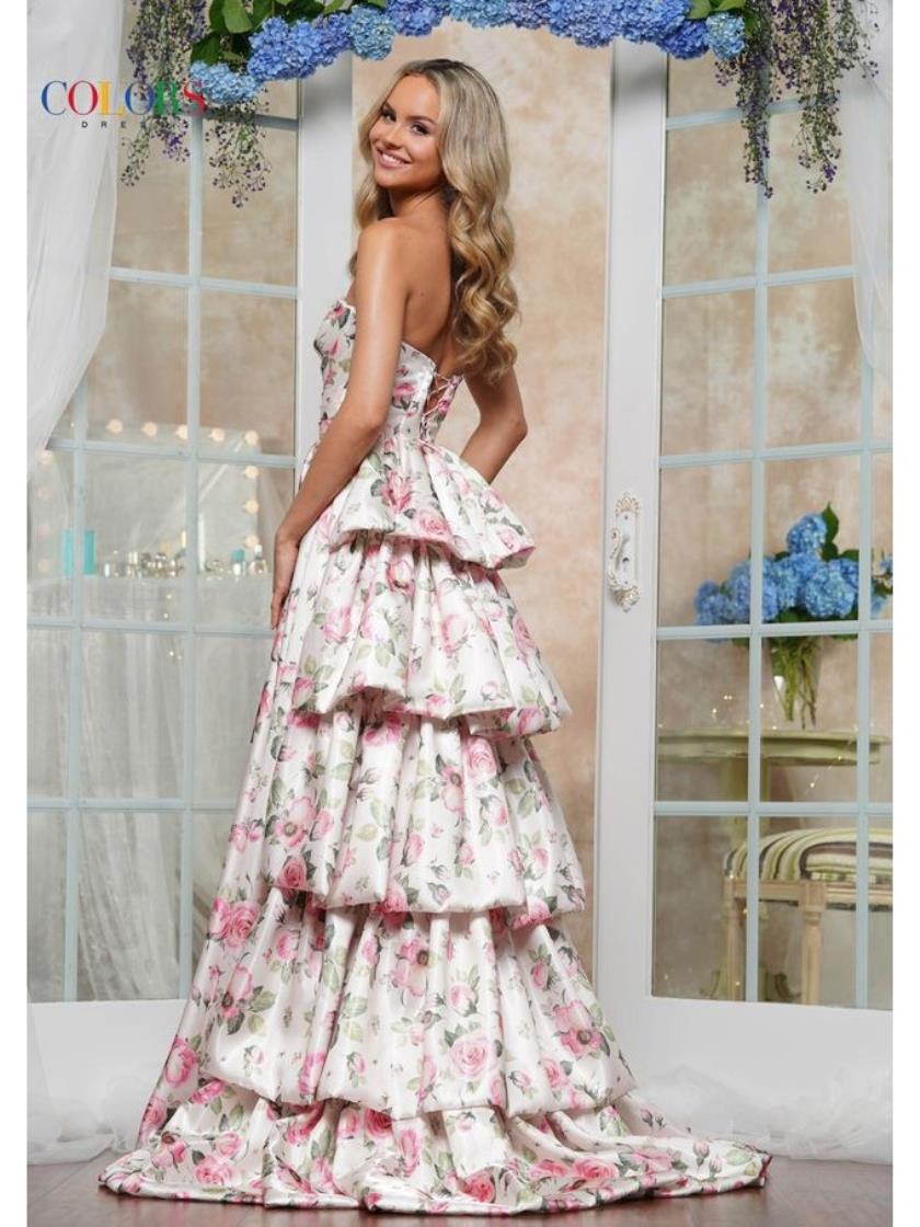 Colors 3608 Long Floral Print A Line Formal Prom Dress