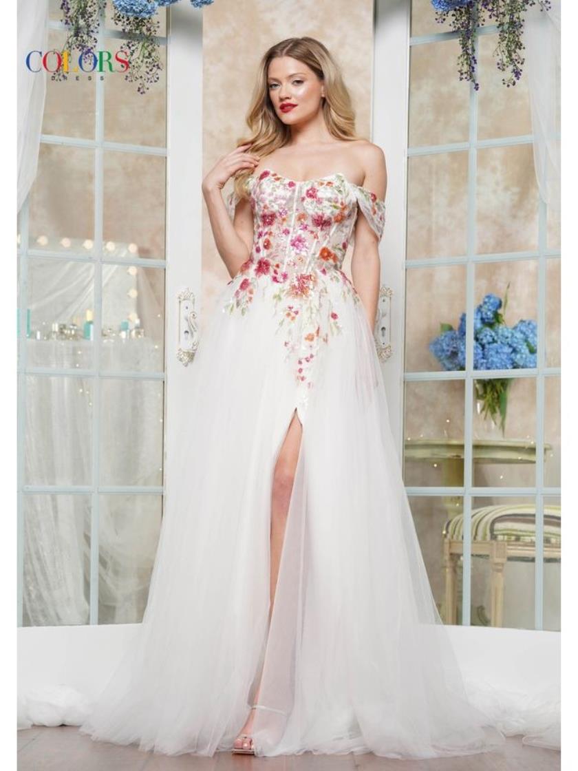 Colors 3609 Long Floral Sequin A Line Formal Prom Dress