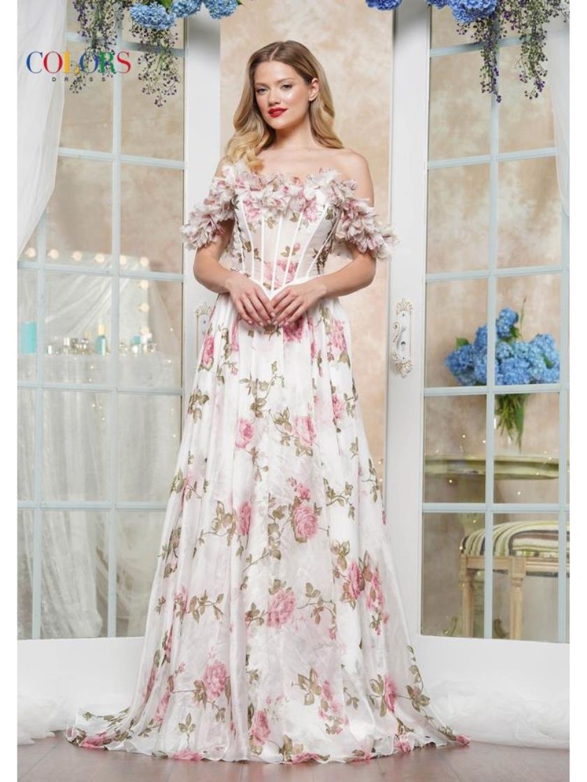 Colors 3615 A Line Floral Print Long Formal Prom Dress