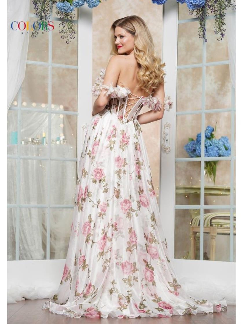 Colors 3615 A Line Floral Print Long Formal Prom Dress