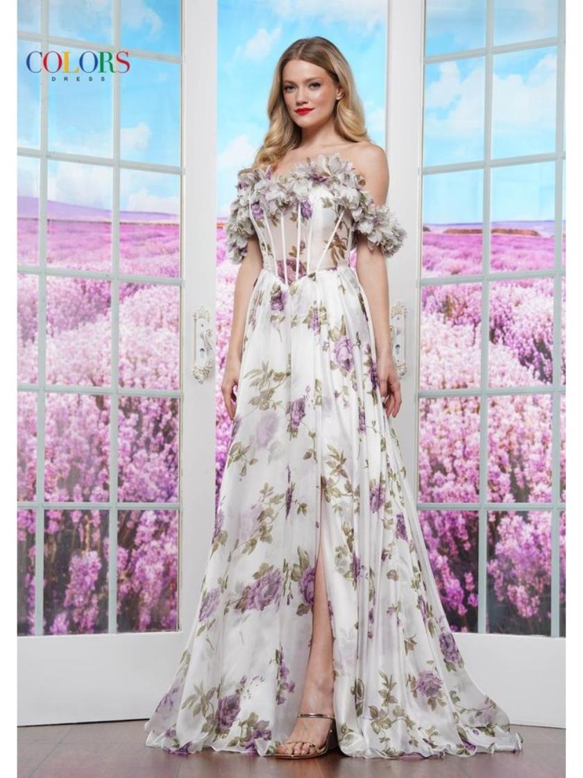Colors 3615 A Line Floral Print Long Formal Prom Dress