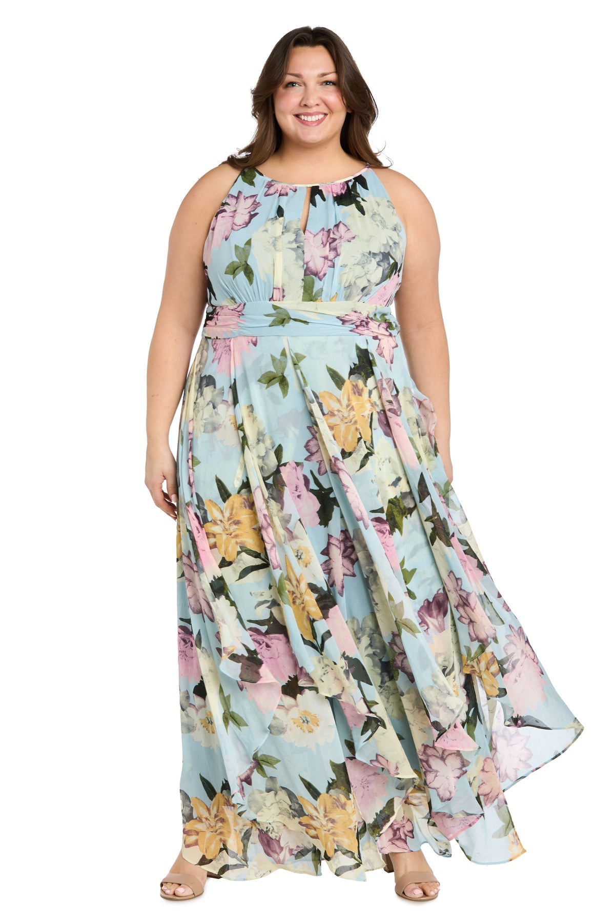 R & M Richards Plus Size Printed Sleeveless Ruffle Dress - Aqua Multi - 16W R & M Richards Plus Size Printed Sleeveless Ruffle Dress - Aqua Multi - 16W