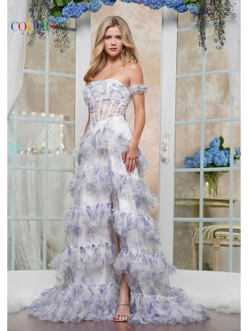 Colors 3633 Long Formal Floral Print Prom Dress