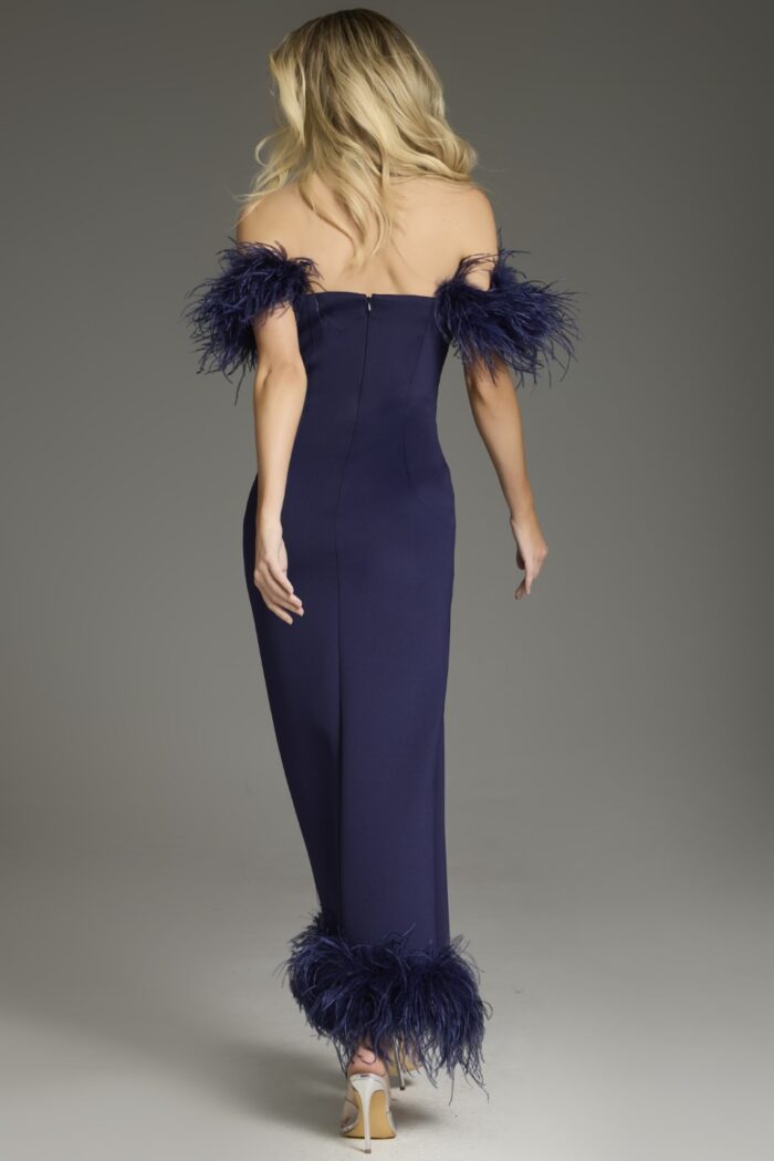 Formal Dresses Long High Slit Feather Formal Evening Dress  Navy