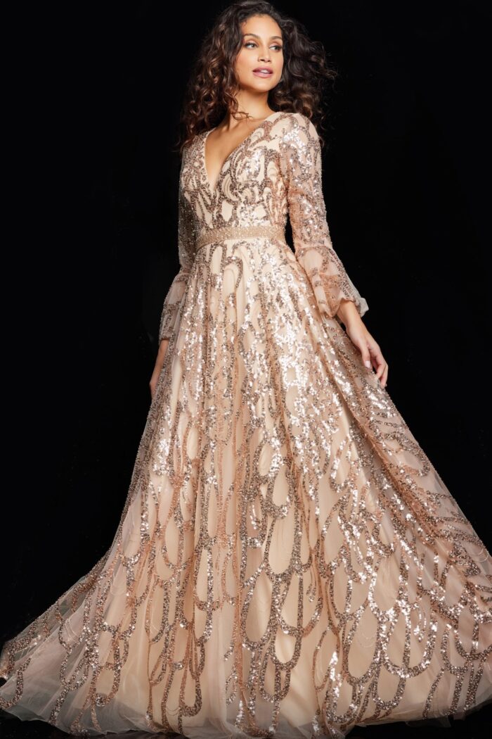 Formal Dresses Long A Line Sequin Formal Bell Sleeve Evening Dress Blush