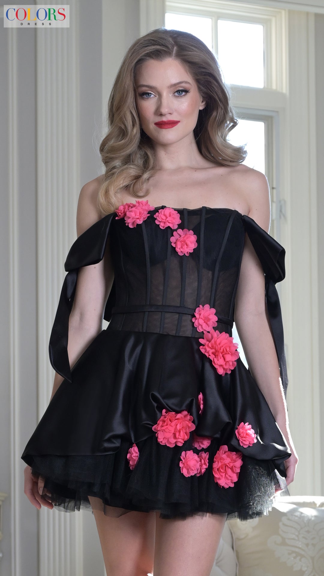 Colors 3638 Short Floral Applique Mini Cocktail Dress