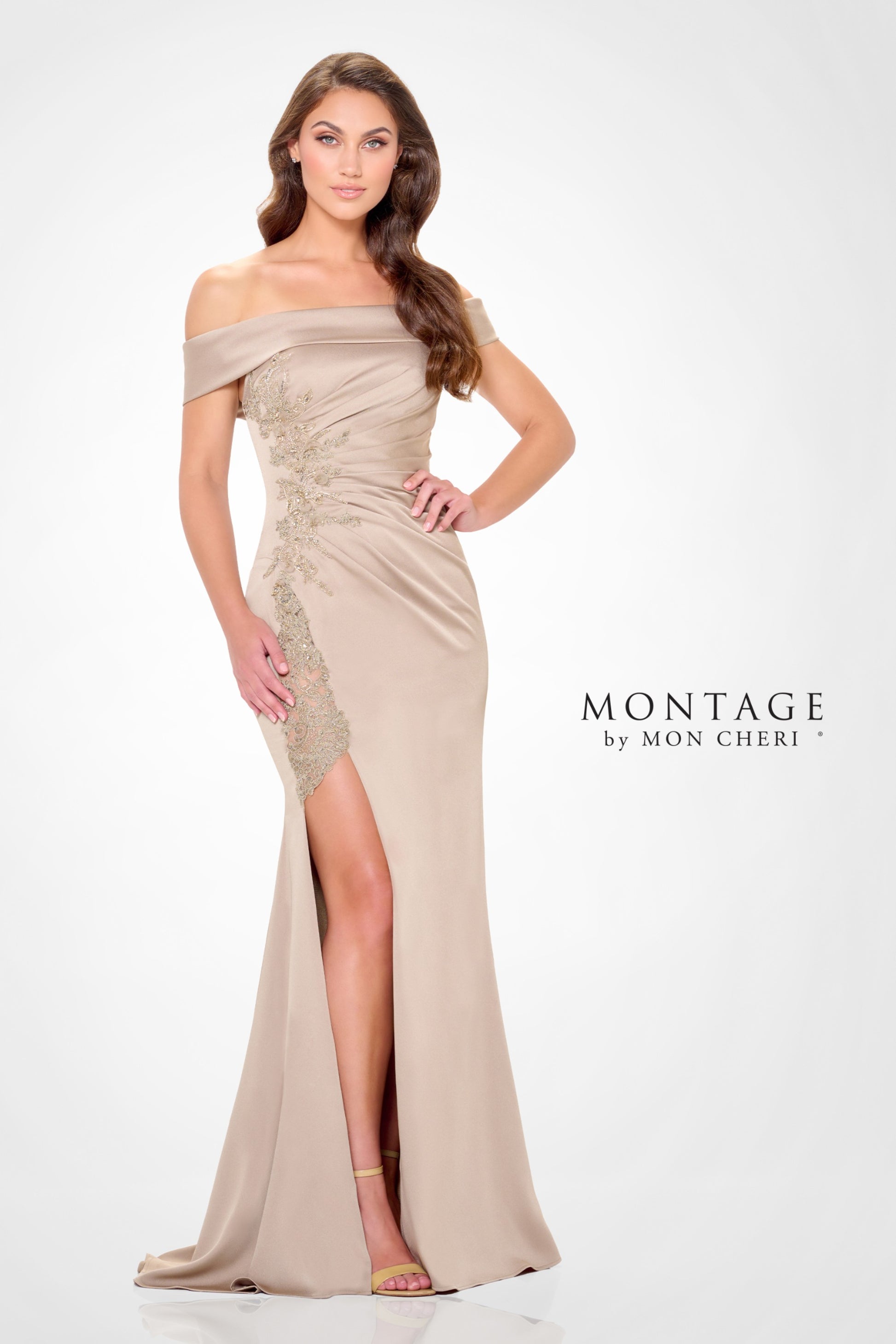 Montage M535 Long Formal Beaded Lace Applique Evening Dress