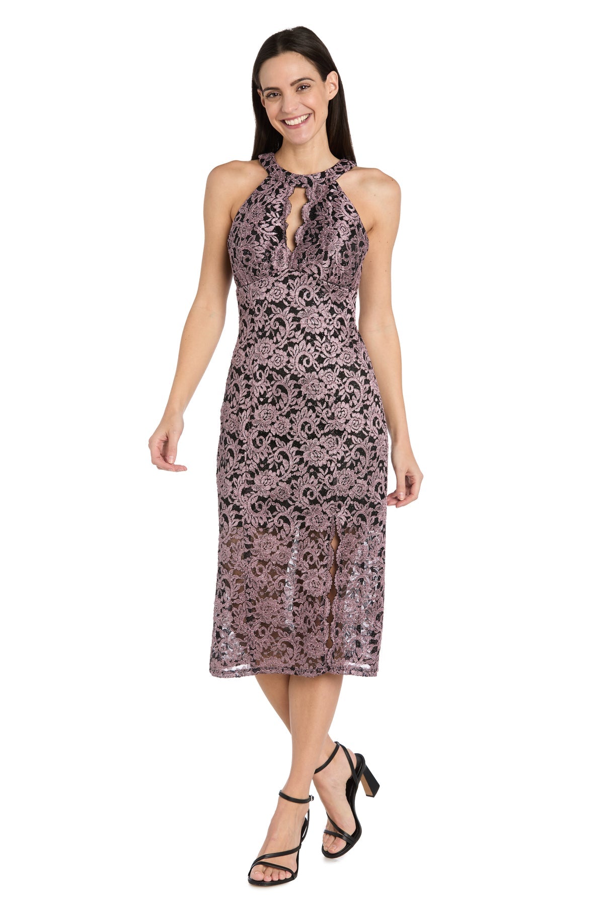 R&M Richards 3648 Short Cocktail Slit Lace Midi Dress