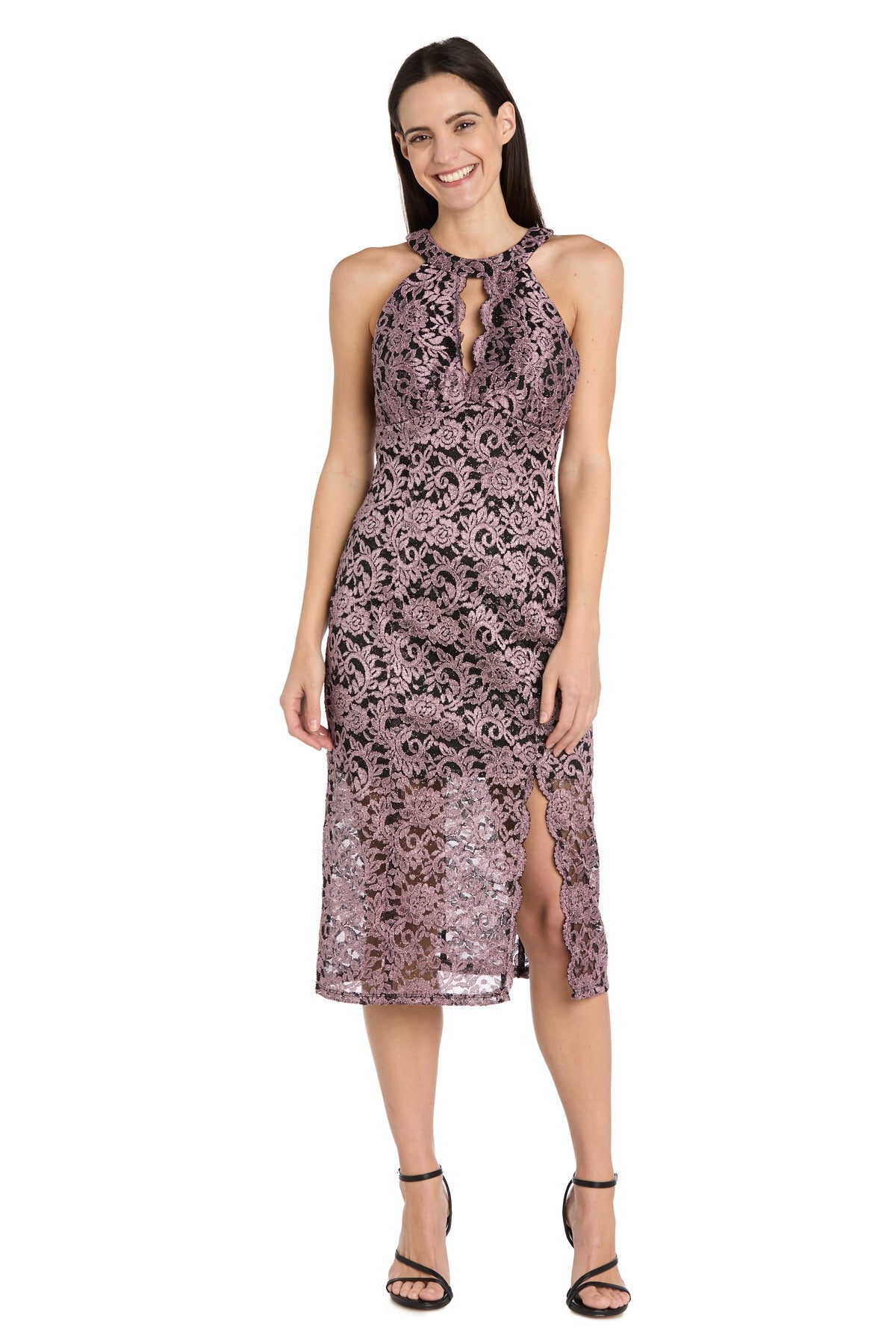 R&M Richards 3648 Short Cocktail Slit Lace Midi Dress