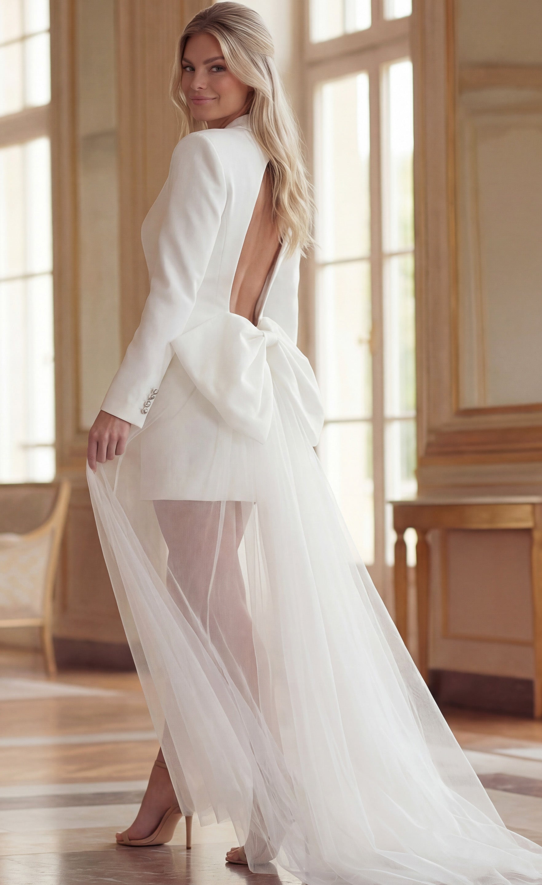 Bridal White V-Neck Mini Crepe Bridal Dress Tulle Train Jovani 36545