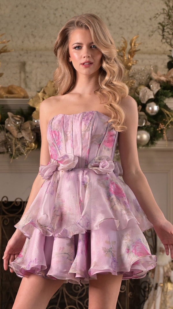 Colors 3666 Short A Line Printed Floral Ruffle Cocktail Dress
