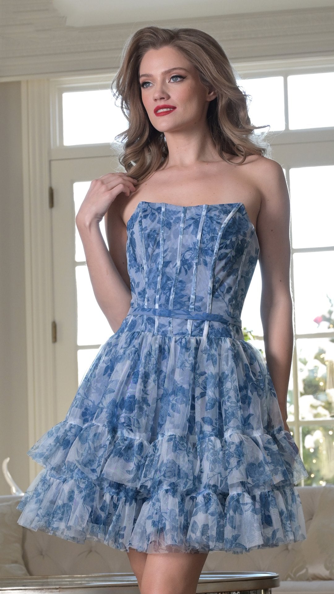 Cocktail Dresses Short Print Ruffle Mini Cocktail Dress Blue