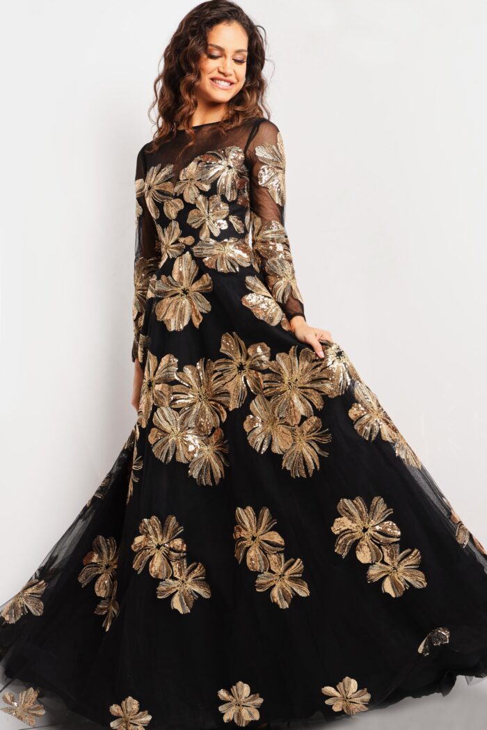 Black/Gold Jovani 36716 Beaded Long Sequin Formal Dress for $1300.0