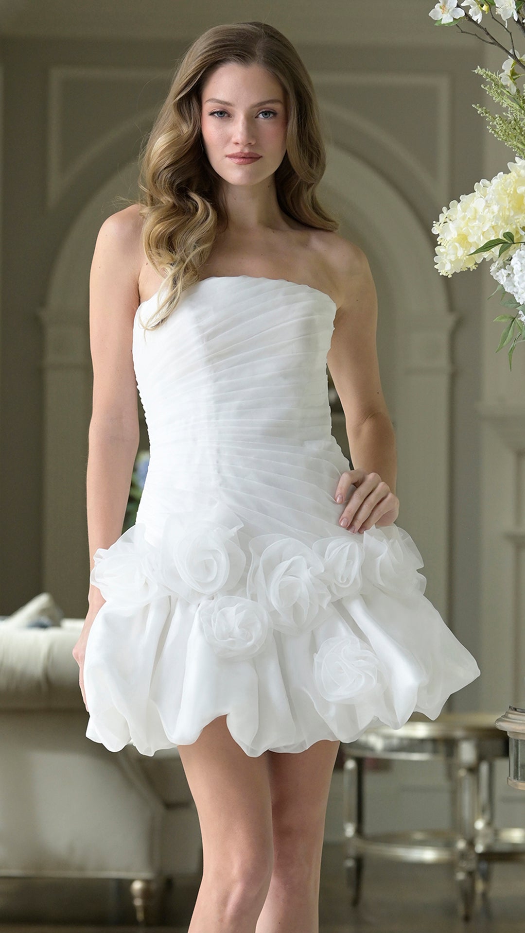 Strapless Straight Neck Mini Organza Wedding Dress 3671B