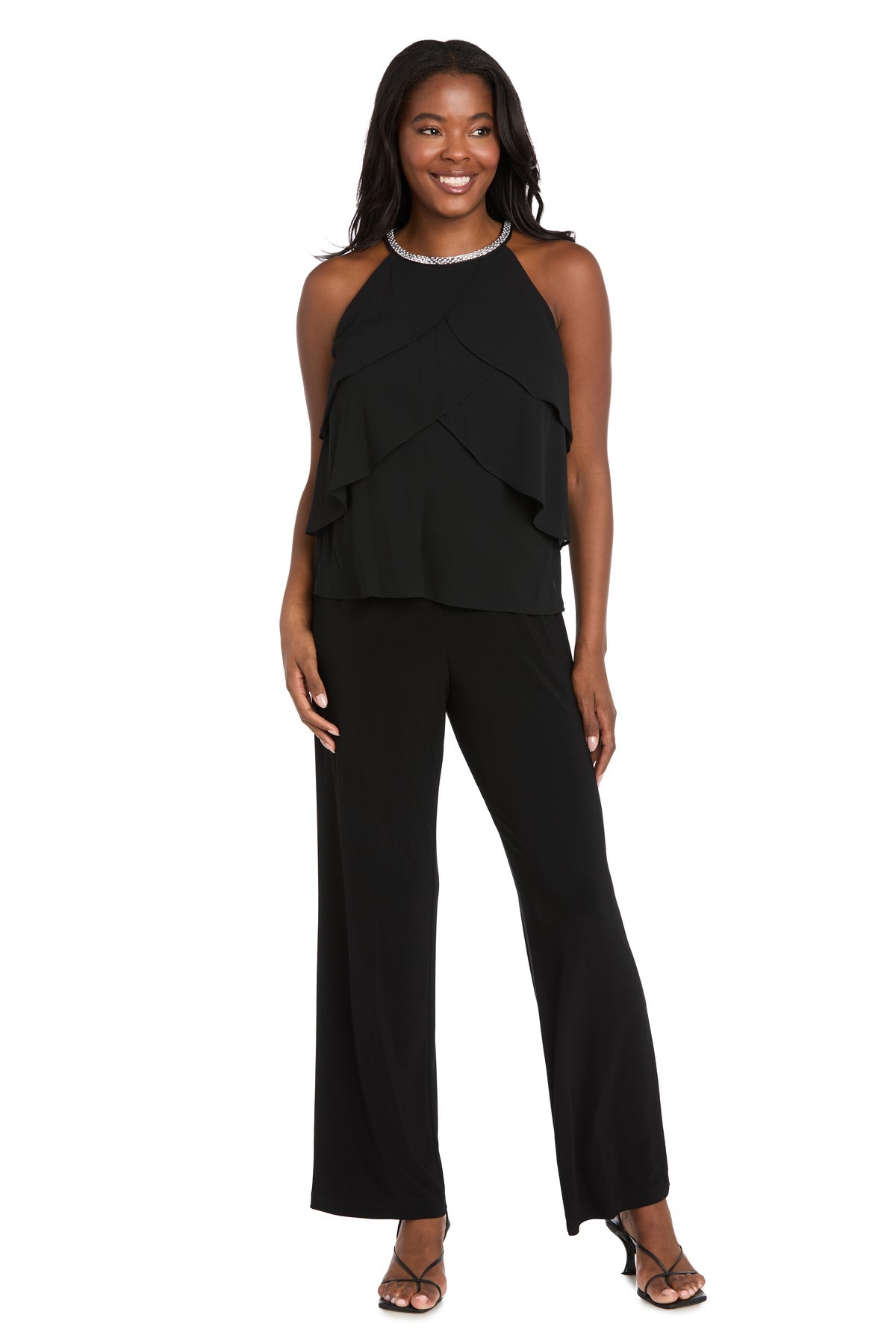 Halter Tiered Chiffon Cocktail Top by R&M Richards 3677 in Black