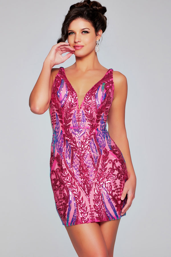 V-Neck Mini Sequin Cocktail Bodycon Dress Jovani 36784