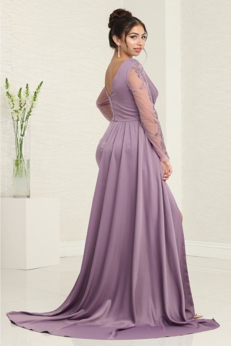 V-Neck Floor-Length Satin Evening Gown A-Line May Queen RQ8045
