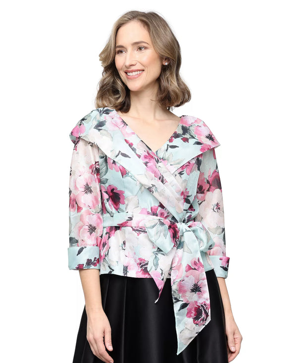 Three-Quarter Sleeve Sleeve Yoryu Portrait Collar Blouse with Illusion Cuff Sleeves and Tie Waist Alex Evenings 8292032