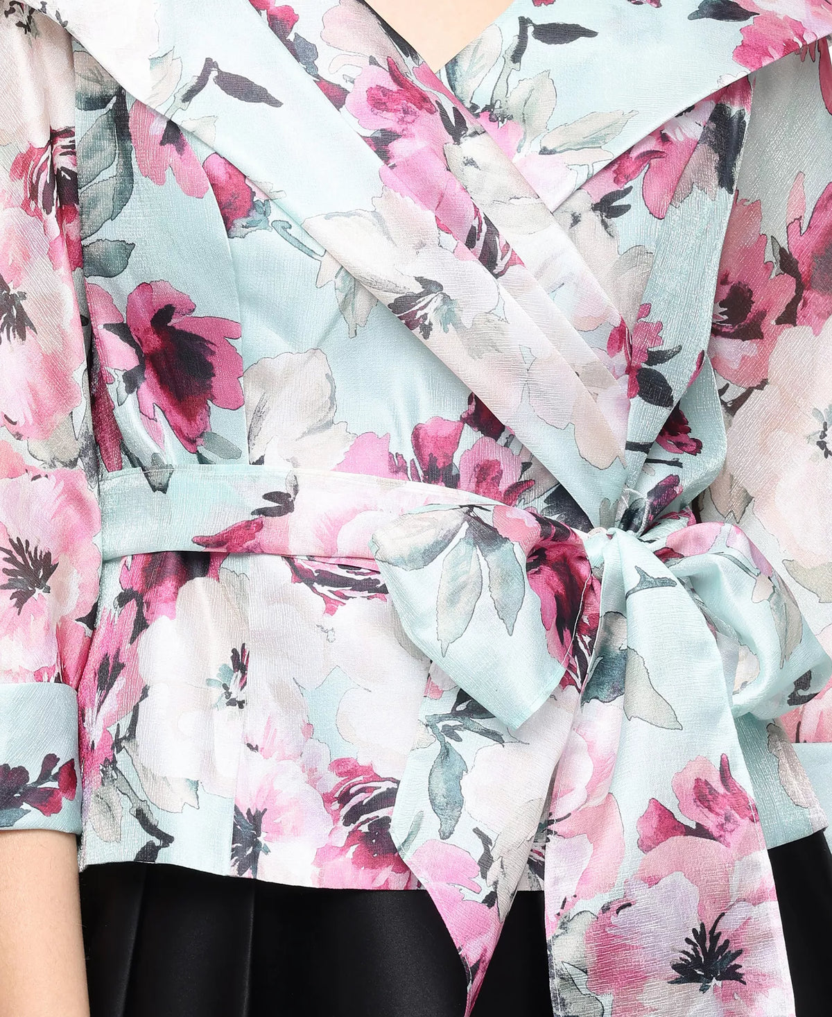 Three-Quarter Sleeve Sleeve Yoryu Portrait Collar Blouse with Illusion Cuff Sleeves and Tie Waist Alex Evenings 8292032