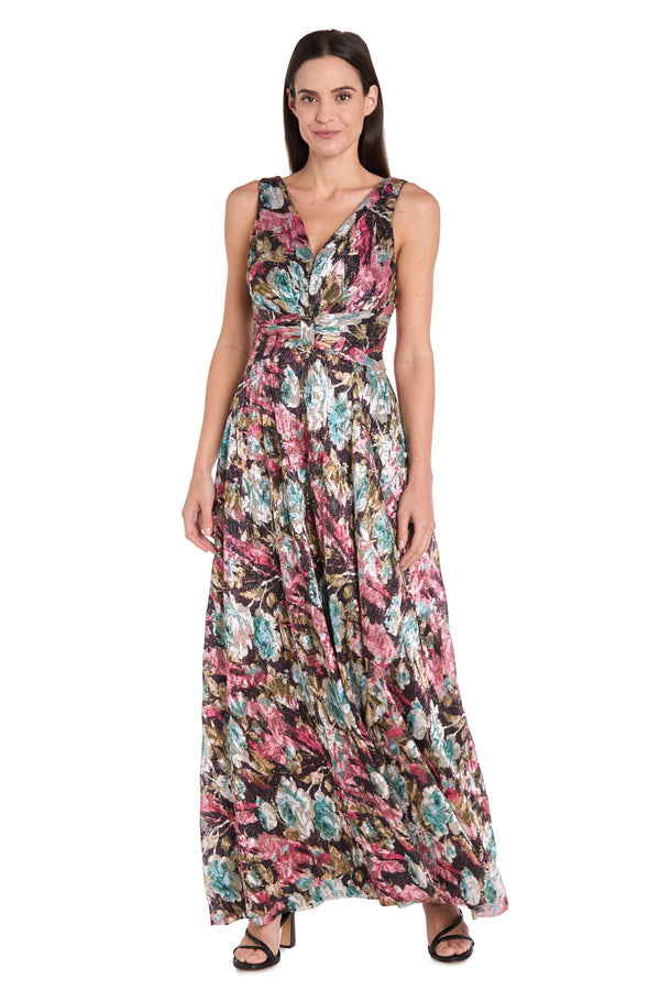 Floral Metallic Dress Long Formal Evening R&M Richards 3690