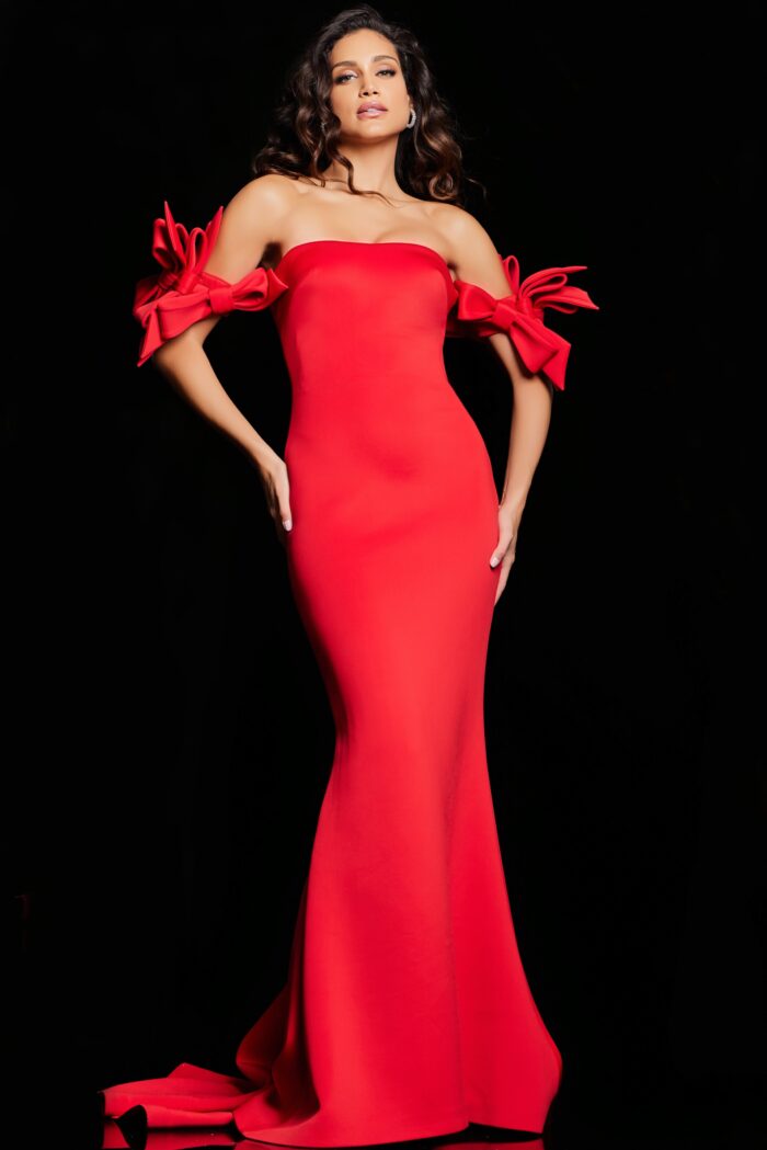 Formal Dresses Fitted Long Ruffle Sleeve Formal Dress Red