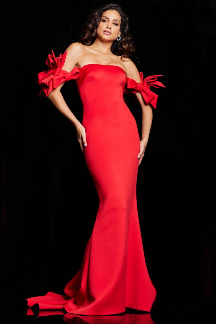 Formal Dresses Fitted Long Ruffle Sleeve Formal Dress Red
